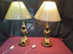 A Lovely Pair of Thai Bronze Table Lamps on Wooden Bases.H.60 Cm.