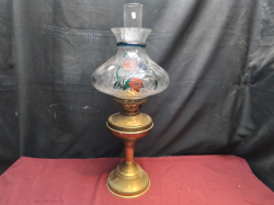 A Brass Column Lamp with a Green Fl9ral Shade.W.2O H.58 Cm.