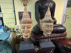 Two large wooden carved Burmese Puppet Heads on wooden stand. Approx. over all 85 cm