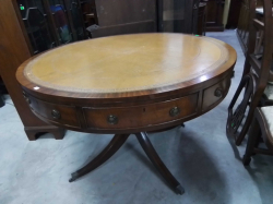 A Lovely Drum Table with Drawers and 4 Splay Base and Light Brown Leather Top(037) W.112 H.75 Cm.