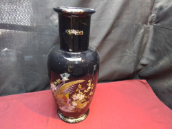 A Black Chinese Floral & Peacocks Vase. W.16 H.39 Cm.