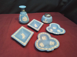 4 Light Blue Wedgwood Pin Dishes and A Lighter.