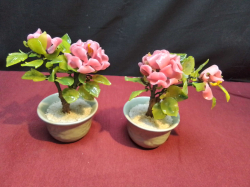 A pair of jade rose quartz bonsai tree in celadon pot. Stamped.