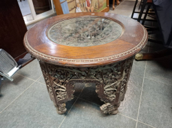 Wooden carved round side table Floral design with glass centre