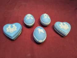 3 Wedgwood Eggs and 2 Heart Box.