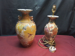 A Large Hand Painted Satsuma Vase H.33 Cm.and Another Converted to A Lemp H.38 Cm.