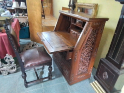 A Nice Heavily Carved Teak Bureau D.80 W.86 H.113 Cm.(2 keys) with Chair.