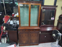 A Nice Yew Wood Glazed Display Wood Cabinet Standing on 2 Cupboards with Glass Shelves with key(040). W.93 D.40 H.190 Cm.