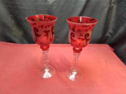 A Pair of Etched Red & Clear Glass Goblets.