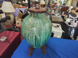 Vintage Thai Water KolamVassel Pot, Thick Coated, With Teak Top And Base.Now Ideal Home Decoration. H. 47 W.24 Cm.
