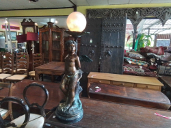 Cupid with lamp. Cast iron with brass. 84cm high 29cm wide.