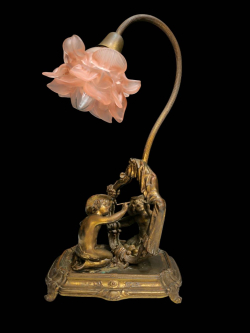 A French art nouveau bronze lamp boy painting figural (H. 40 cm. )