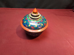 A 19. Century beautiful antique Benjarong Covered Bowl With A Lid And Lotus Bud Knob Hand Painted With A Floral Design On A Blue Ground. H.15 W.14 Cm.