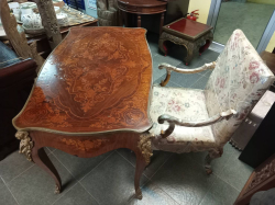 A Nice Old French Inlaid Desk with Ormalu Mounts to Legs Some Damaged to Top (D.60 W.64 H.101 Cm.) and A Period Chair to match.