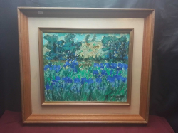 A Lovely Oil on Canvas with A Nice Double Frame Blue Flowers signed. W.69 H.62 Cm.