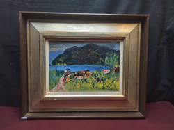 An Abstrack Village Oil on Canvas with A Nice Gilded Double Frame. W.55 H.46 Cm.