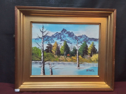 A Lovely Gilt Framed Japanese Oil Painting on Board with signed. W.55 H.46.5 Cm.