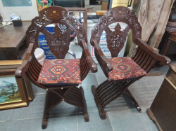 A Lovely Pair of Hand Carved Hall Chairs with cushions and Brass Inlay. W.62 D.57 H.120 Cm.