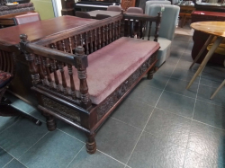 A Lovely Thai Bench Seated All Hand Carved Wooden with a Pink  Cushion. W.60 L.160 H.95 Cm. 