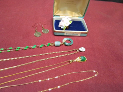Coalport Ladies Brooch in case, 1 earing and 4 Chinese Jade Pendant with necklaces.
