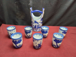 7 Vintage Japanese Ceramic Tea Cups With Pot.