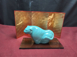 Japanese Ceramic Figurine Tiger.W.14 H.8 Cm. on base with Screen.