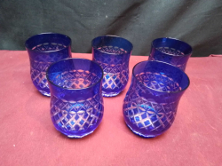 5 Edo Kiriko Japanese Cut Engraved Blue Glasses.