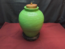 Vintage Green Thai Water Kolam Vassel Pot, Thick Coated With Teak Top on Base, Ideal Home Decoration.W.23 H.36 Cm.