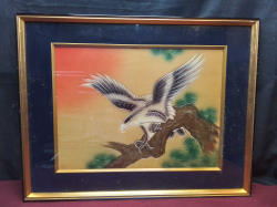 A Lovely Painted Wood Carving of An Eagle Framed and Glazed. W.47 L.60 Cm.