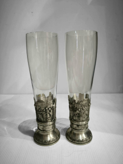A pair of vtg. German glass pewter base 0.3 lt. Artina SKS Zinn.H.23 W.7 Cm. 