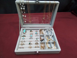 26 Lovely Rings and 7 Earrings and 4 Necklaces with Jewelry Box.
