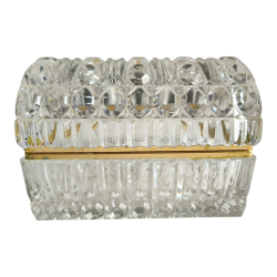 A French vtg. 1960'S Baccarat style heavy cut glass and brass jewelry casket (dia. 18*12 cm W.13 cm.)
