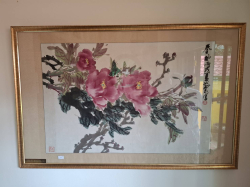 Framed watercolor painting featuring pink flowers, like peonies in a traditional Chinese or Japanese style. 59X92 Cm.