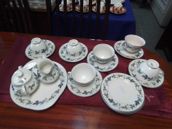 A Good Quality Royal Doulton Tea Set of 6 Trios Cake Plate Sugar and Milk in Burgundy Pattern.