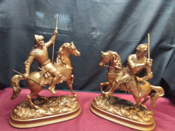 A Pair of Antique Bronzed Spelter Knights in Armour on Horseback Ready to Fight Excellence Condition 36x27 Cm.