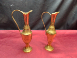 A Pair of Vintage Ornamental Brass Vases Etched to Body 20 Cm. High