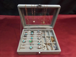 21 Lovely Rings and 8 Earrings 2 Bracelets and 3 Necklaces with Jewelry Box.