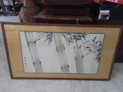 A Lovely Water Colour of Bamboo & 3 Birds with Signed. W.85 H.47 Cm.
