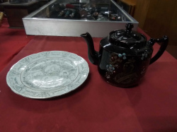 A Rare Black Porcelain Tea Pot Celebrating60 years of Queen Victoria's Relgn and A Plate of her Diamond Jubilee.