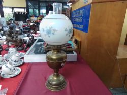 A Lovely Victorian  Bras Oil Lamp with A Shade Showing Floral.H.53 Cm.