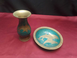 A Bronze of Vase 13 Cm. High ant Bronze Plate W.15 Cm. with Dolphine Decorated.