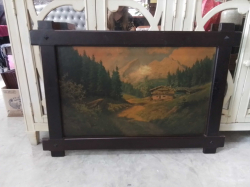 Very Old Oil Painting 31x19 inches by Johannes Bockman Depicting House in A Valley with Trees Mountains & Cloud on Board in a wood frame. Genuine Signature Bottom Left.