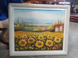 A Lovely Oil Painting of Landscapes with Sun Flower Farm still life with signed. W.73 H.63 Cm.
