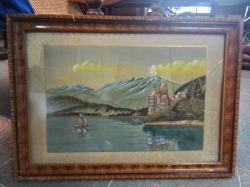 Picture of embroidery thread and water Colour Of Landscape Mountain View. (Glazed broken).53x74 Cm.