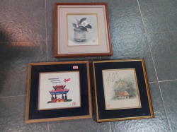 3x Japanese Water Colour Picture with signed. 