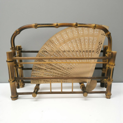 A lovely Chinese hand fan on the bamboo fan stand H. 20 cm. W. 28 cm.