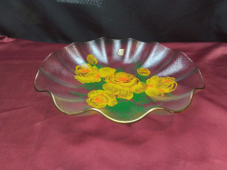Very Nice Japanese Glass Hand Made & Painted Fruit Bowl Gold Rimmed 33 Cm. Diameter.
