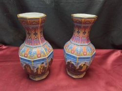 A 10 inch Pair of Chinese Vintage Vases 8 sided with Scenes of 8 Immortals Hand Painted Qing Dynasty Mark to Base.