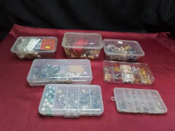 Job lot of 7 containers Jewelers Repair Items, New / Old, including Gold / Silver.