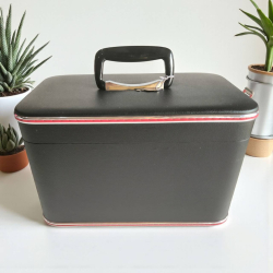 A brand new cosmetic box, black leather in retro style.